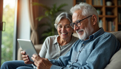 Indian/Asian Senior couple video chatting on tablet/computer while sitting at couch or in garden at home, selective focus, couple use mobile