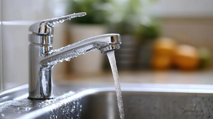 Faucet with water flowing, in a clean and modern kitchen