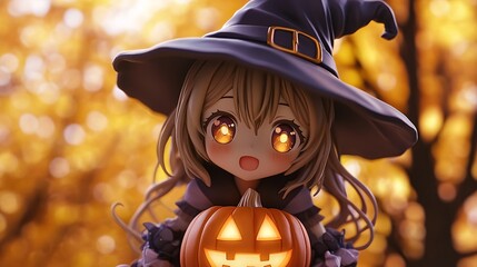 Anime Halloween statue featuring a cute jack-o-lantern with glowing eyes and a playful expression wearing a witch hat