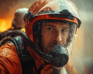 Obraz premium Firefighter with a helmet spraying water from a hose during a fire drill, with determination