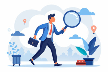 Search and discovery career opportunity, search for new job, find resource or job vacancy, support or career development advice, finding solution, businessman with magnifying glass help search job.

