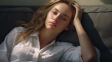 Fototapeta premium A pretty young woman wearing casual clothes is lounging comfortably on a sofa, 