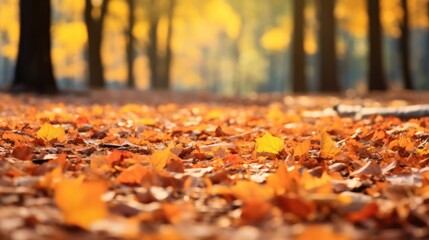 a vibrant autumn landscape with colorful falling leaves scattered on the ground, 