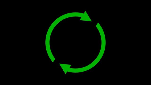 Two circle symbol with green rotating arrow isolated on black background. Melambangkan ulang, menyegarkan. Elemen video web, aplikasi