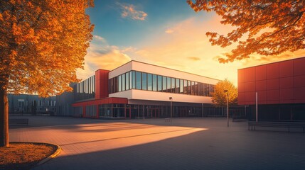 Obraz premium Modern school building in golden-hour lighting with geometric design