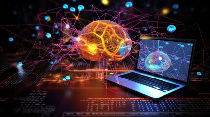 A top-down view of a computer desk with a laptop displaying a neural network diagram, 