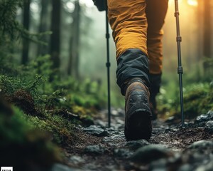 Hiker with a walking stick trekking through a dense forest, with a focus on nature and exploration