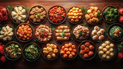 Fototapeta premium A table full of Chinese dishes, including dumplings and various vegetable stir-fries.