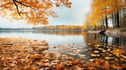 Obraz premium A tranquil lake reflecting the rich autumn colors of surrounding trees, 