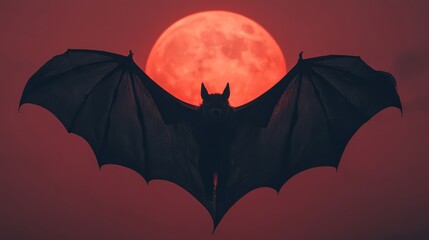 Fototapeta premium Silhouette of Bat Flying Against Full Red Moon in Night Sky..