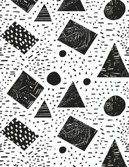 Black and White Memphis Pattern with Geometric Triangles Circles and Abstract Dots Retro Design