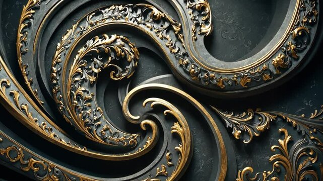 Video footage of  intricate and ornate design featuring baroque elements,design includes swirling patterns, acanthus leaves, and detailed filigree work
