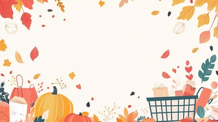 Fototapeta premium Autumn harvest decoration featuring pumpkins, colorful leaves, and shopping bags against a light background
