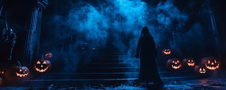 Creepy Halloween event stage statue dark and foreboding with jack-o-lanterns at the corners ghostly figures floating near the stage props eerie yet captivating