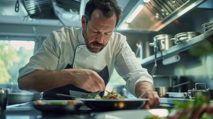 Focused Caucasian chef perfecting a gourmet dish in a modern kitchen