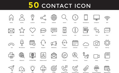 Set of contact icons. Contact us web icon line style. computer, call, Chat, support, phone, mail, customer care, message, location, time, wifi 