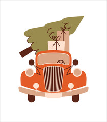 Retro red car is delivering a Christmas tree. Flat Design. Simple cute illustration with vector isolated automobile, gift boxes, fir tree. Cosy vintage clip art for greeting new year card, poster.