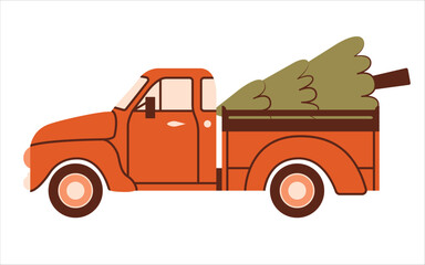 Merry Christmas. Retro red pickup-truck is delivering a New Year tree. Simple cute illustration with vector isolated automobile, fir tree. Cosy vintage clip art for greeting new year card, sticker.