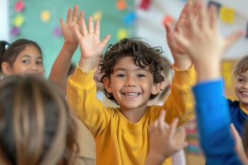 Group of diversity happy kids making high five classroom child togetherness.