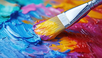 Fototapeta premium Paintbrush dipped in vibrant paint, ready to apply to a canvas