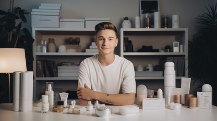 Fototapeta premium An influencer creating content about lifestyle products, standing in a well-lit, 