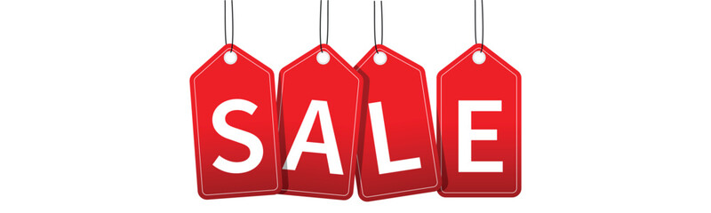 Red hanging sales tags with shadow isolated on transparent background.