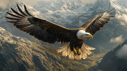 Obraz premium A powerful bald eagle soaring over majestic snowy mountains.