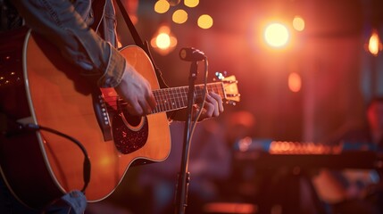 Obraz premium Close-up of a Hispanic musician playing acoustic guitar during a live performance