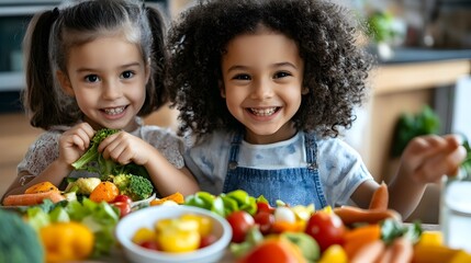 Siblings Enjoying a Nutritious Family Meal with Fresh Vegetables