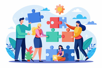 Teamwork working together to success, cooperation or team building collaborate to solve problem, partnership, help and support, business people colleagues help work together to connect jigsaw puzzle.
