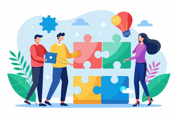 Teamwork working together to success, cooperation or team building collaborate to solve problem, partnership, help and support, business people colleagues help work together to connect jigsaw puzzle.
