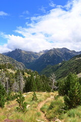 Besiberri mountain valley view from GR11 long-distance hiking trail, Vielha, Pyrenees