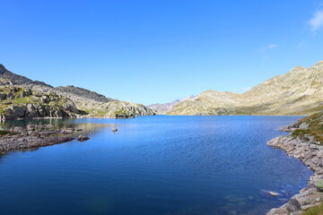 Mountain lake in Aiguestortes and Sant Maurici National Park, GR11 long-distance hiking trail,...