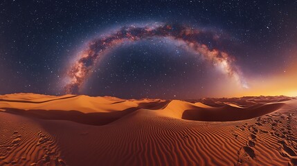 The Milky Way arching brilliantly over desert sand dunes, illuminating the night sky.