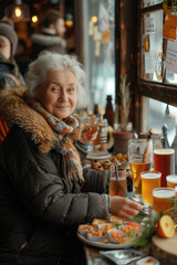 Elderly woman enjoying a cozy winter meal at a café with craft beers and pizza, embracing warmth and comfort in a festive atmosphere.