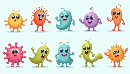 Obraz premium Friendly cartoon bacteria characters for educational or fun purposes