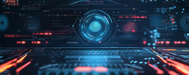 Fototapeta premium Futuristic digital interface with glowing blue and red elements, resembling a high-tech computer system.
