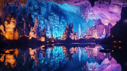 Illuminated Cave with Stalactites and Reflections