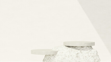 Background featuring an empty product display mockup with a beige backdrop and abstract geometric platforms designed for showcasing merchandise in landscape orientation.
