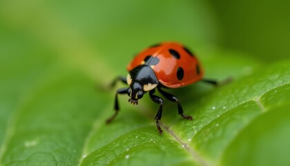 Naklejka premium Vibrant Ladybug on a Leafy Green Stage