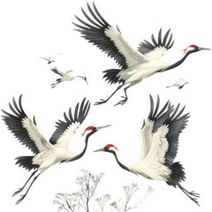Obraz premium A whimsical illustration of four white cranes flying in a white sky with a few twigs in the background