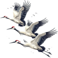 A whimsical illustration of three white-crowned cranes in flight, depicted in a style reminiscent of childrens book illustrations