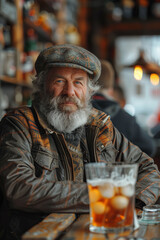 Rustic Portrait of an Elderly Bearded Man in a Cozy Pub Setting, Wearing a Flat Cap, Enjoying a Pint of Beer, Capturing a Warm and Nostalgic Atmosphere