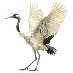 Fototapeta premium A detailed illustration of a white-crowned crane with its wings outstretched, showcasing its white feathers, black wingtips, and red crown
