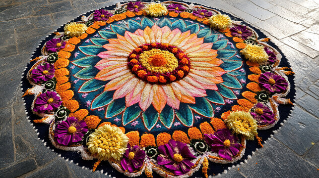 Intricate Rangoli design made with colorful powders and flowers for Krishna Janmashtami, beautifully displayed at the entrance of a temple