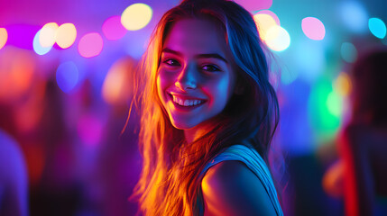 Naklejka premium Young girl dancing at a disco in a nightclub