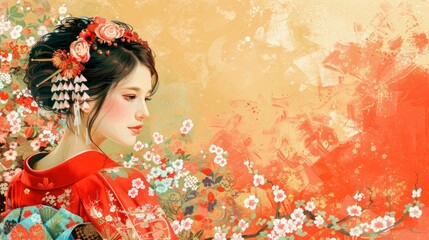Fototapeta premium A digital artwork of a Japanese woman in a red & gold kimono with floral patterns, styled hair, holding a fan. The image conveys cultural richness & elegance in traditional Japanese fashion.