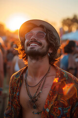 Happy Man Enjoying a Music Festival at Sunset with a Bohemian Vibe