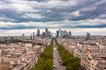 Panoramic aerial view of Paris city, France. Parisian houses and Defance district