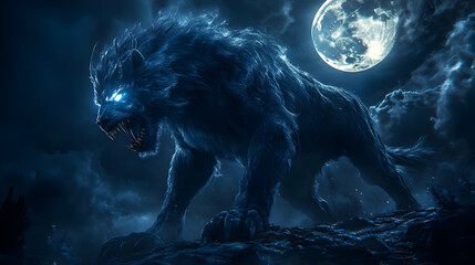 Naklejka premium Ferocious Werewolf Roaring Under a Full Moon in the Night Sky, Mythical Creature of the Forest
